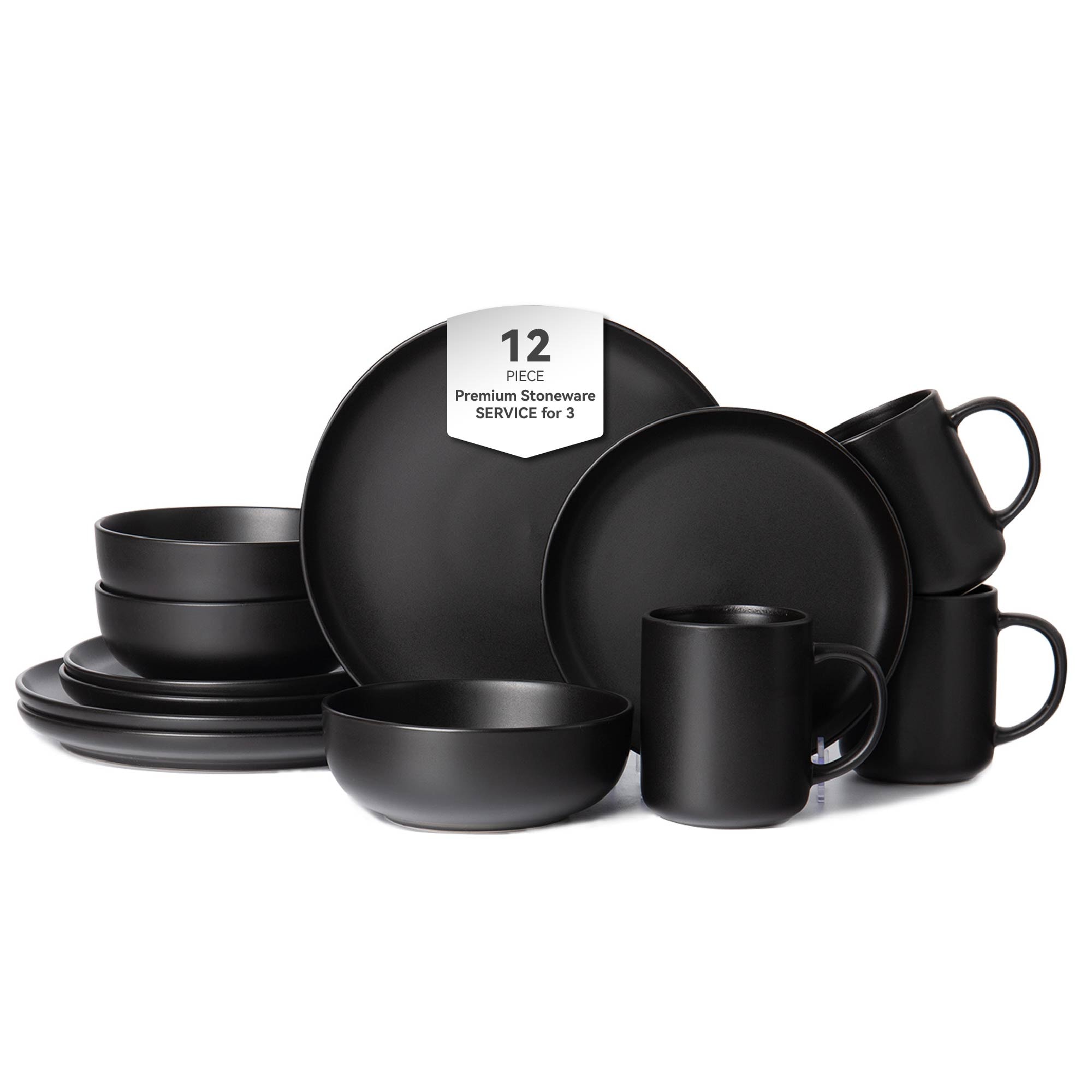 12-Piece Stoneware Dinnerware Sets With Mugs | Microwave & Dishwasher Safe | Non-Toxic Dinner Plates Bowls Set | Stackable Matte Glaze Kitchenware For 3,Black_voghion.com